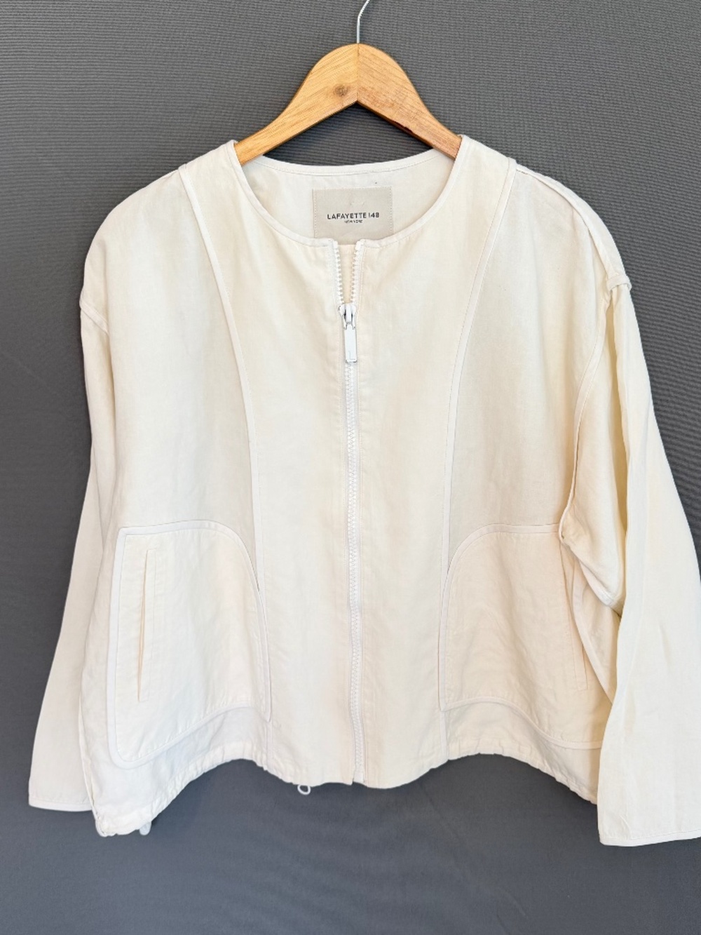 Lafayette 148 Women’s M/L Soft White 100% Linen Minimalist Zip Front Jacket